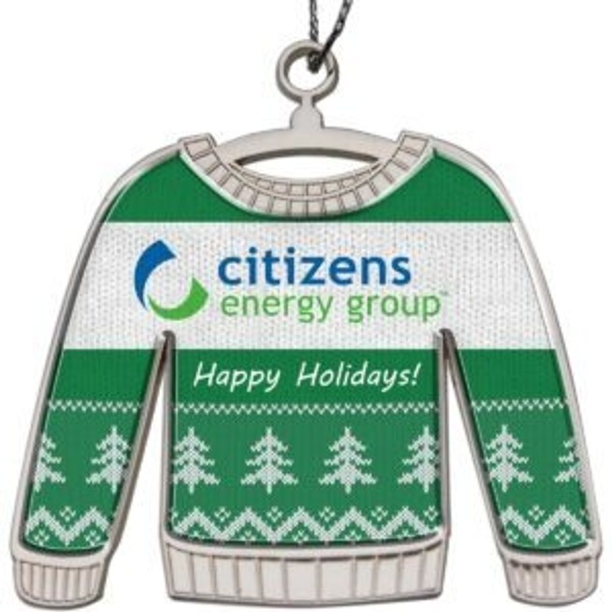 Ugly Sweater Christmas ornament featuring a die-cast design with a polished nickel finish, custom logo for Citizens Energy Group, and "Happy Holidays!" text, ideal for corporate gifting and festive office celebrations.