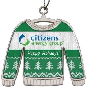 Ugly Sweater Christmas ornament featuring a die-cast design with a polished nickel finish, custom logo for Citizens Energy Group, and "Happy Holidays!" text, ideal for corporate gifting and festive office celebrations.