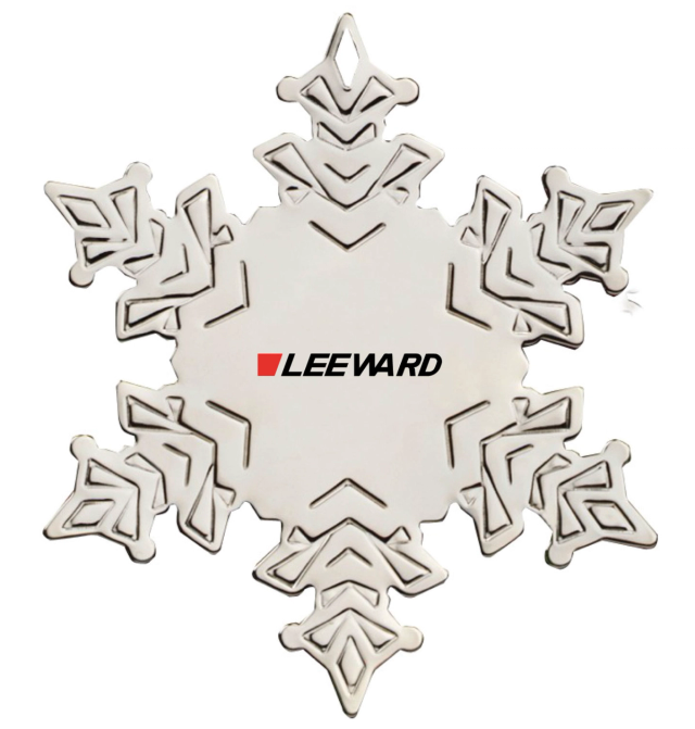 Bright silver metal snowflake ornament with a geometric etched pattern on each arm and a company logo printed in black and red at the center