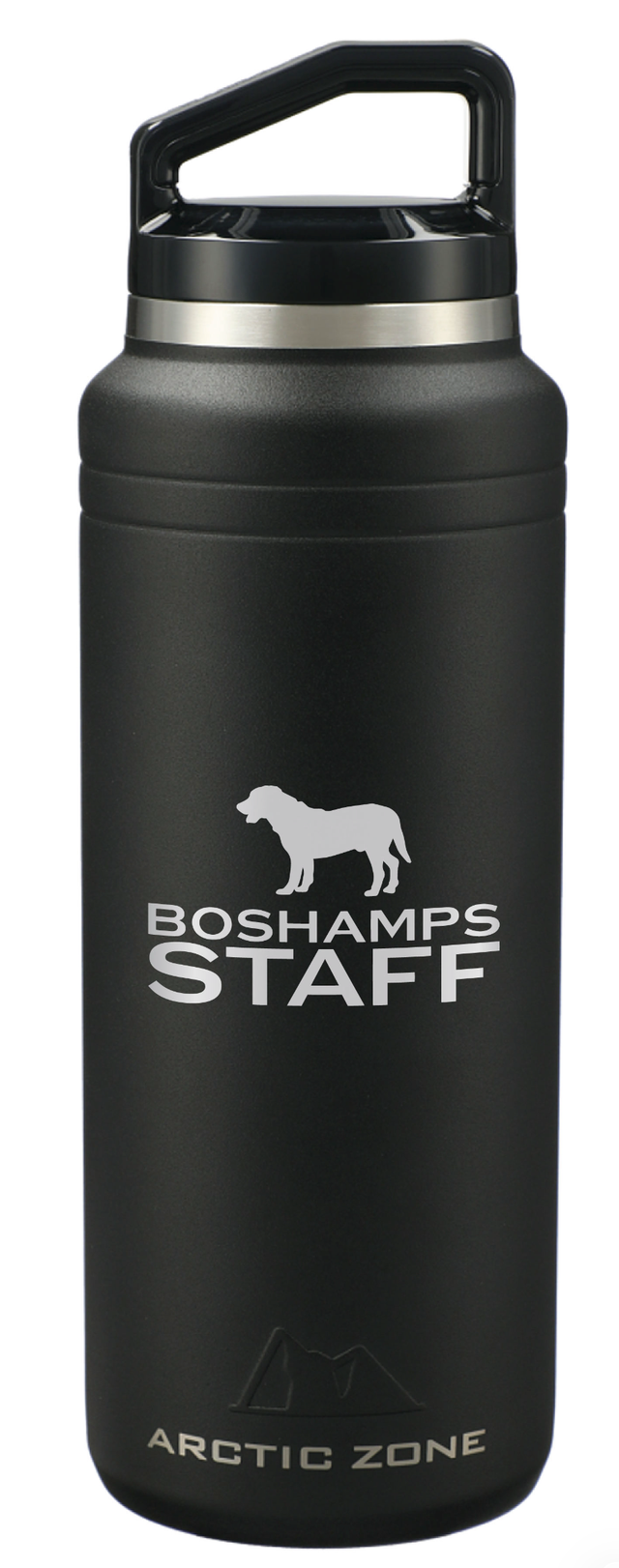 Black powder coated insulated stainless steel bottle with a carry handle lid, marked in silver with a dog silhouette and staff lettering