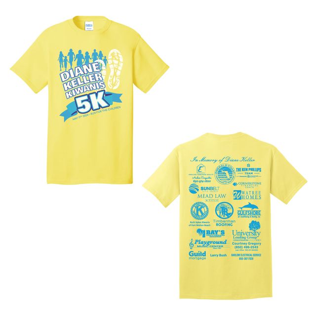 Front and back of a yellow t-shirt with a blue and white 5K design of running figures, and sponsor logos printed in blue on the back