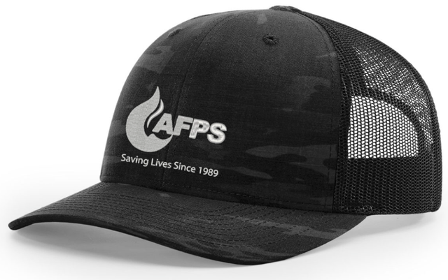 Black multicam camouflage trucker cap with a black mesh back, a flame logo and the company tagline embroidered in white thread