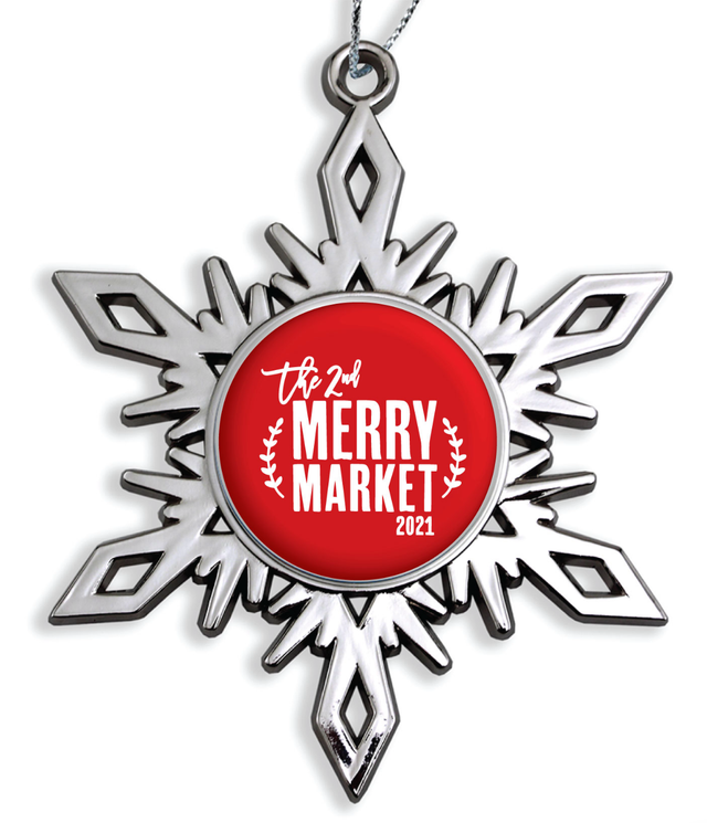 Silver metal snowflake ornament with a red center insert printed with the event name and year in white, hung on a silver cord