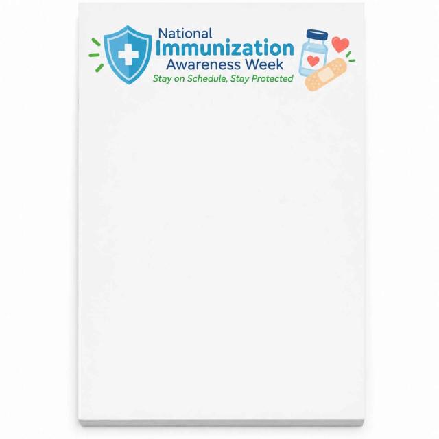A white 4" W x 6" H notepad with a full-color printed health awareness design at the top for National Immunization Awareness Week