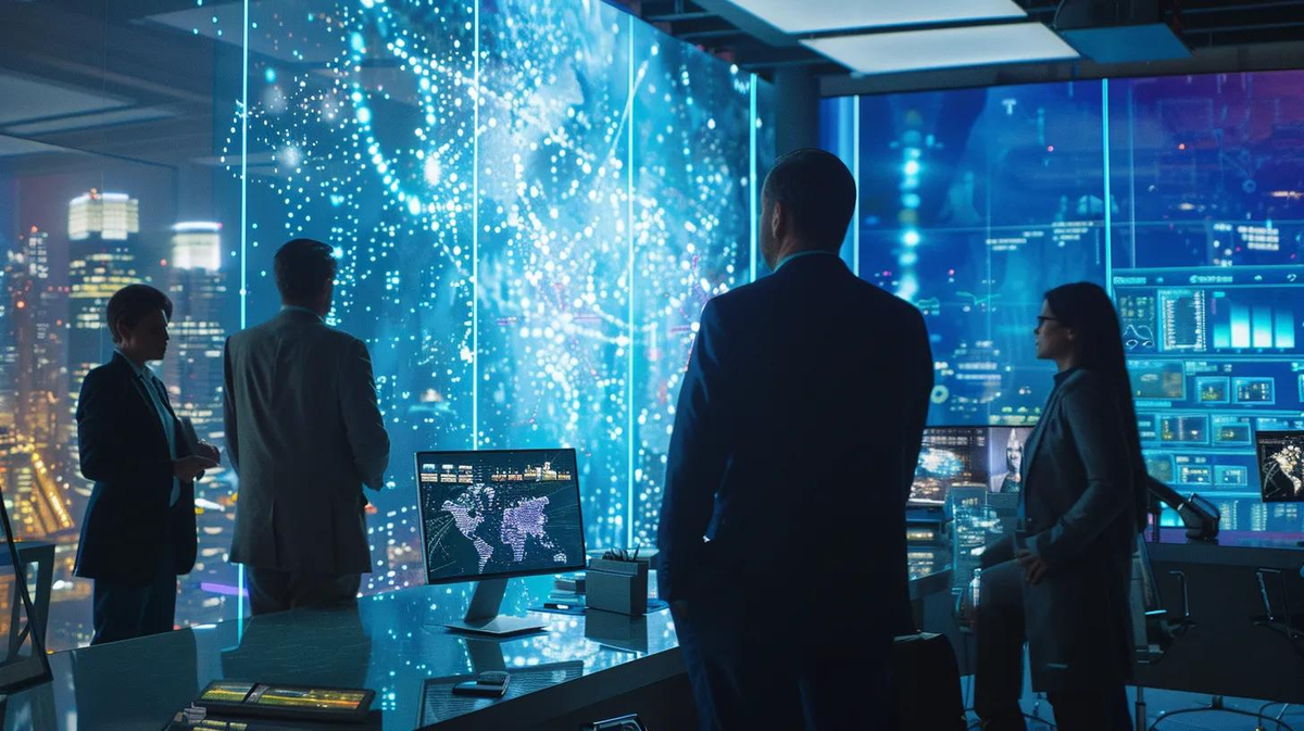 in a bustling urban office environment, professionals engage in discussions around sleek, branded promotional products, reflecting the impact of domestic labor costs on pricing strategies as they analyze local market trends displayed on digital screens.