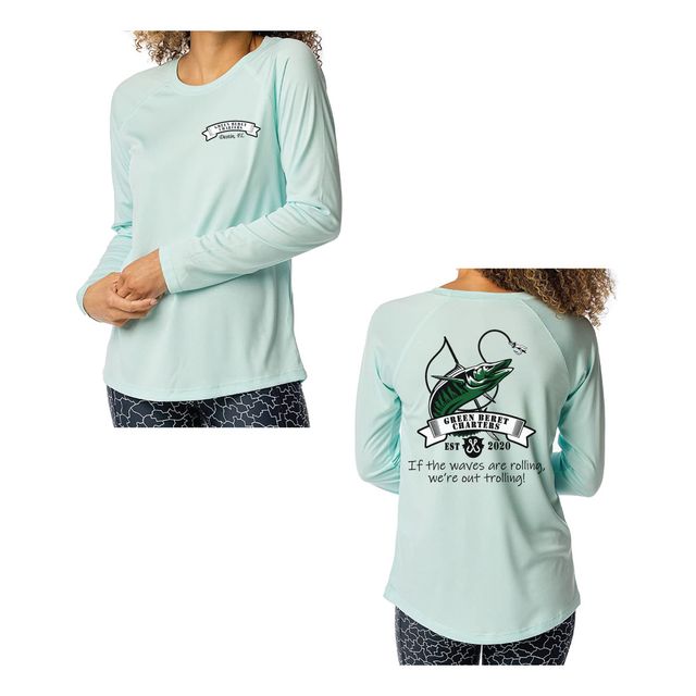 Woman wearing a seafoam green long sleeve performance shirt with a small chest logo, and the back view showing a fish and fishing line logo