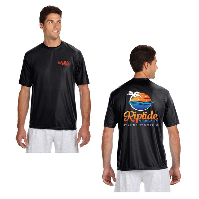 Man wearing a black moisture-wicking t-shirt with a small orange chest logo, and the back view showing a full-color palm tree and sunset logo