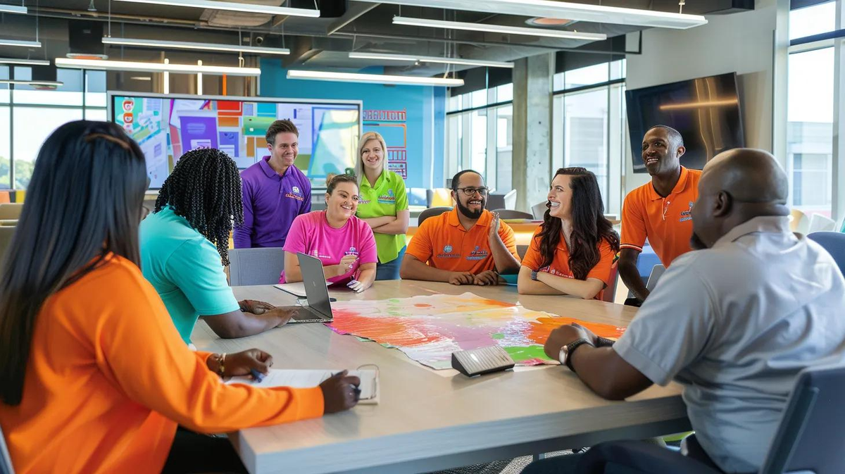 a group of diverse professionals engages in a dynamic brainstorming session in a modern office, showcasing high-quality promotional cotton t-shirts adorned with vibrant logos as they collaborate around a sleek conference table.