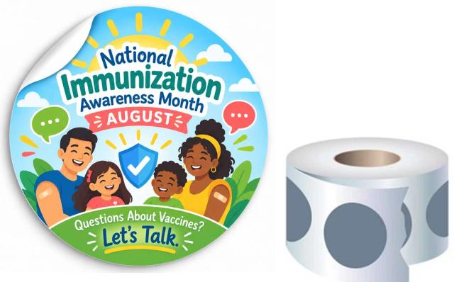 These round stickers come on a roll and are printed in full color with a design for National Immunization Awareness Month