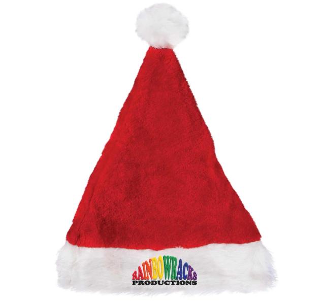 A red and white plush Santa hat featuring a multi-color embroidered logo on the front white cuff.