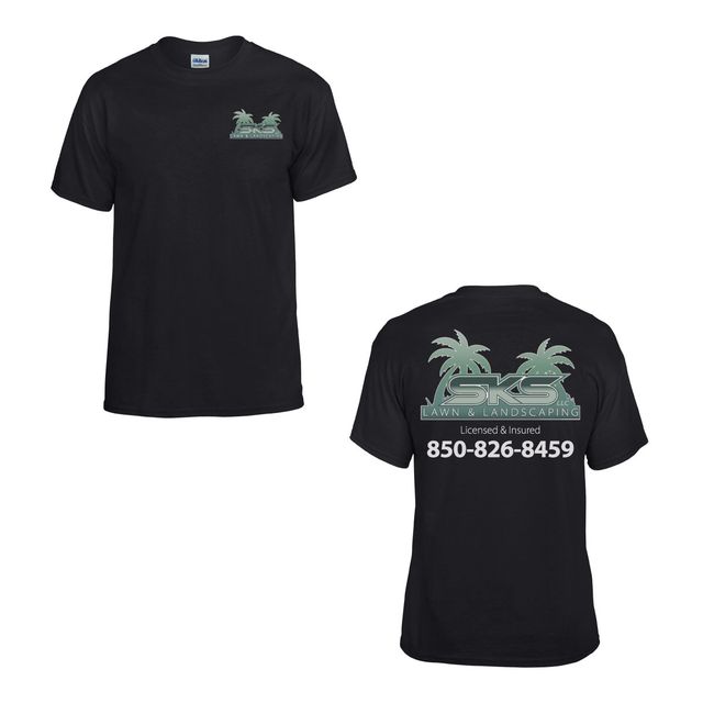 Front and back of a black t-shirt with a small palm tree logo on the chest and a large green palm logo, company line and phone number on the back