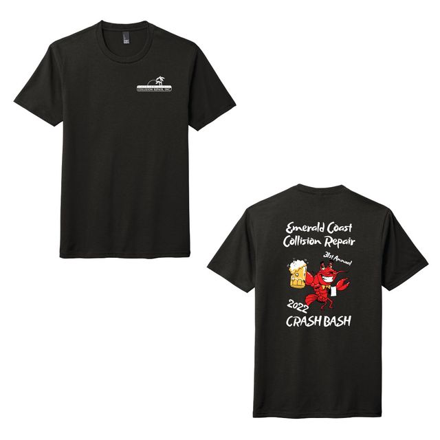 Front and back of a black t-shirt with a small shop logo on the chest and a cartoon crawfish holding a beer mug printed on the back
