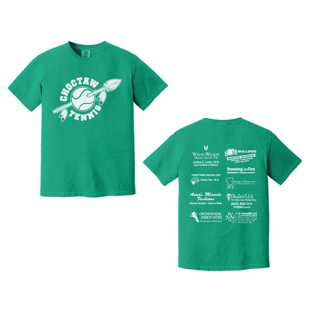 Front and back of a green garment-dyed t-shirt with a tennis ball and arrow team logo on the front and sponsor logos in white on the back