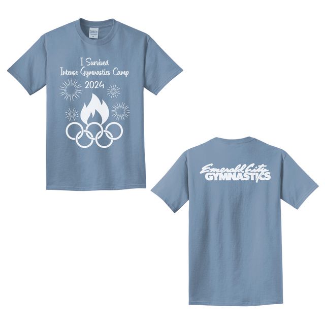 Front and back of a light blue t-shirt printed in white with gymnastics camp lettering, a flame and five rings, and a script logo on the back