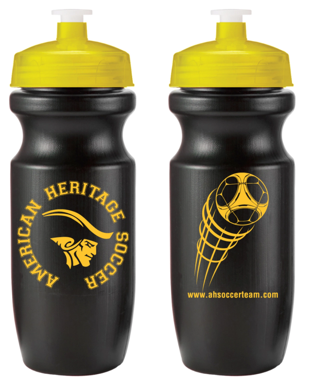 Front and back of a black squeeze bottle with a yellow push-pull lid, printed in gold with a colonial mascot, the team name and a soccer ball