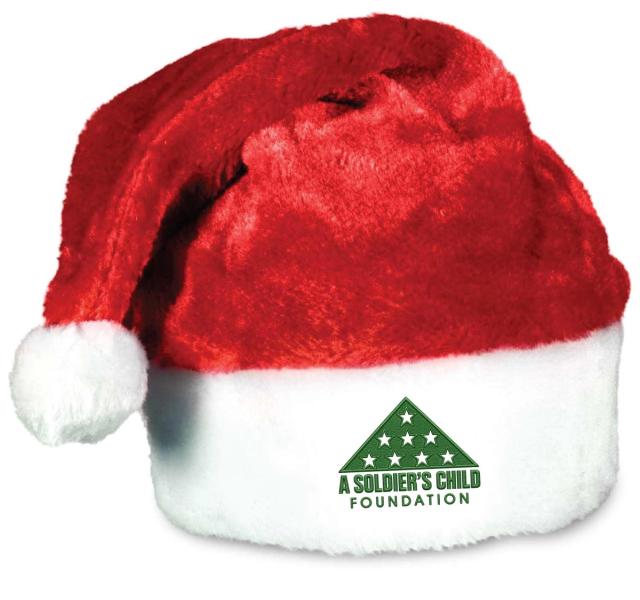 A red and white plush Santa hat featuring a green and white printed logo on the front cuff.
