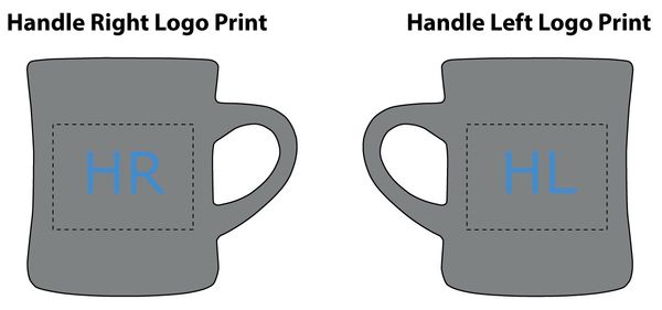Example of custom diner mugs with a handle right logo print and handle left print