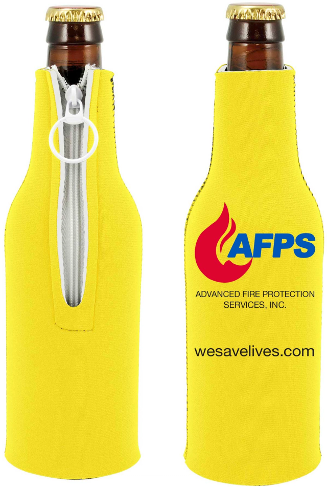 Front and back of a yellow neoprene zippered bottle sleeve on a brown glass bottle, printed with a red and blue flame logo, the company name and its website