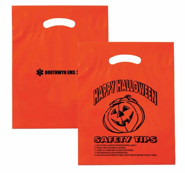 Orange die-cut handle Halloween trick or treat bags with stock black print on the front featuring safety tips & the EMS agency name printed on the back.