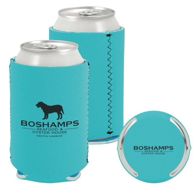 Two light blue foam can coolers on cans and a matching round coaster, each printed in black with a dog silhouette and the restaurant's name