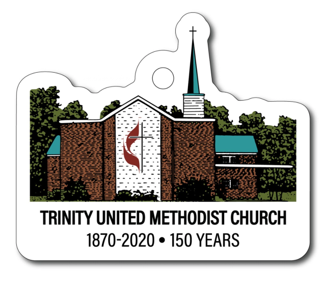 White die-cut ornament printed with a full-color illustration of a brick church with a steeple, and text marking the congregation's 150th anniversary