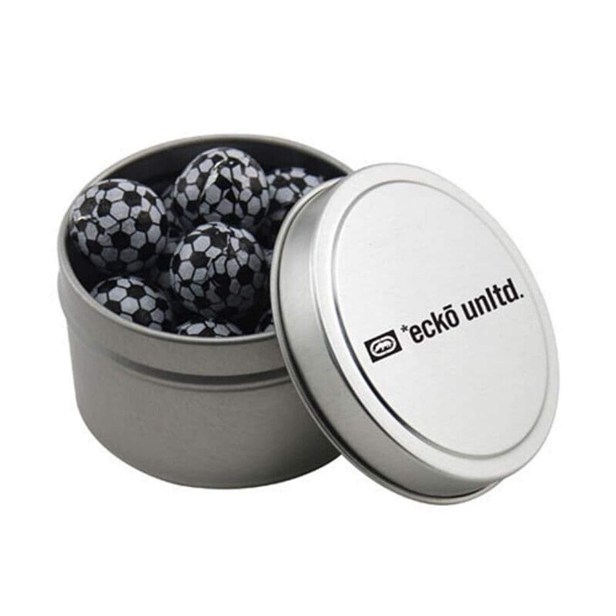 promotional tin with chocolate soccer balls