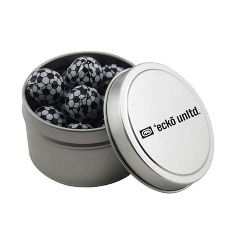 promotional tin with chocolate soccer balls