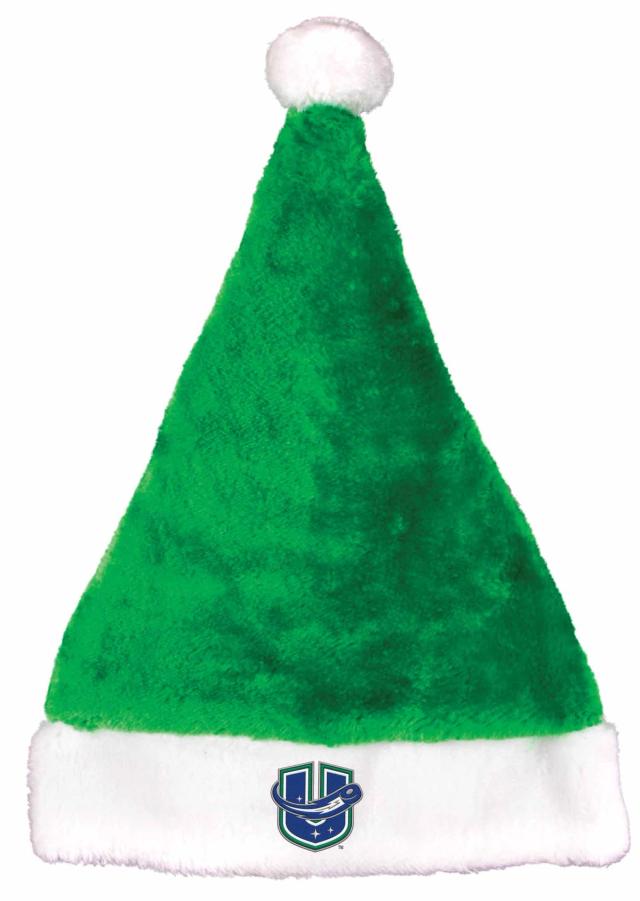 Green plush Santa hat with a white brim and pom-pom, featuring a multi-color embroidered logo on the front white cuff.