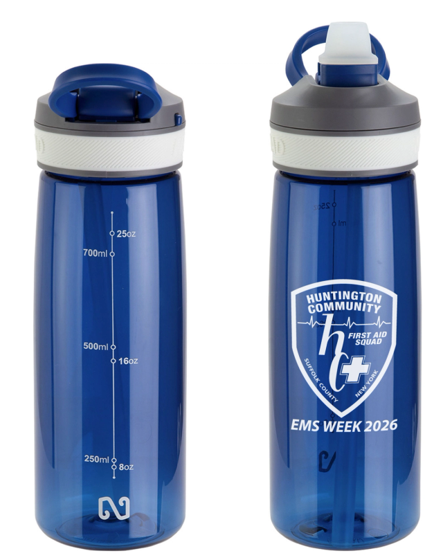Front and back of a translucent blue sport water bottle with a gray flip lid, printed in white with a first aid squad's shield logo