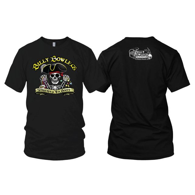 Front and back of a black festival t-shirt printed with a pirate skeleton in a tricorn hat, yellow lettering and a small logo on the upper back