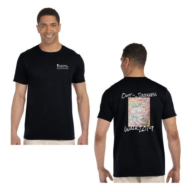 Man wearing a black t-shirt with a small white hospital logo on the chest, and the back view showing an awareness walk design in pastel line art