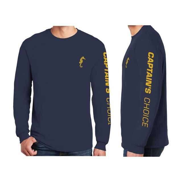 Man wearing a navy long sleeve t-shirt with a small gold seahorse on the left chest and the brand name printed in gold down the left sleeve