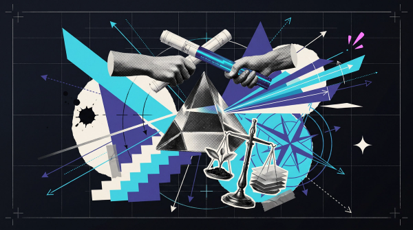 Mixed-media collage of a relay baton passing between two hands above rising paper steps, representing the shift from managed service provider to managed intelligence provider