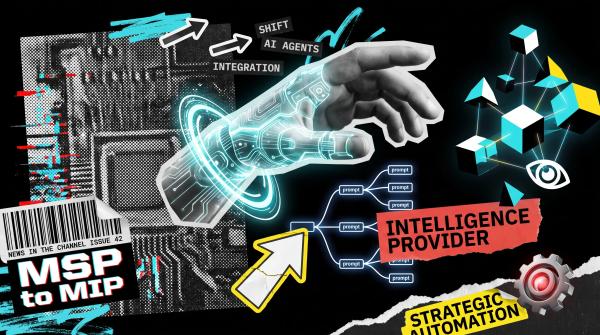Editorial collage in Inflection Point brand colours: a magazine cover reading 'MSP to MIP, News in the Channel issue 42', a half-robotic hand reaching out, a branching prompt tree, and torn paper labels reading 'intelligence provider' and 'strategic automation'.