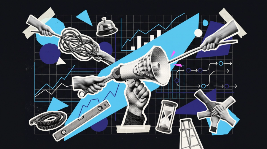 Mixed-media collage of several hands stacked together at the centre beside a hand holding up a seashell to listen, representing a team being listened to in an employee engagement survey