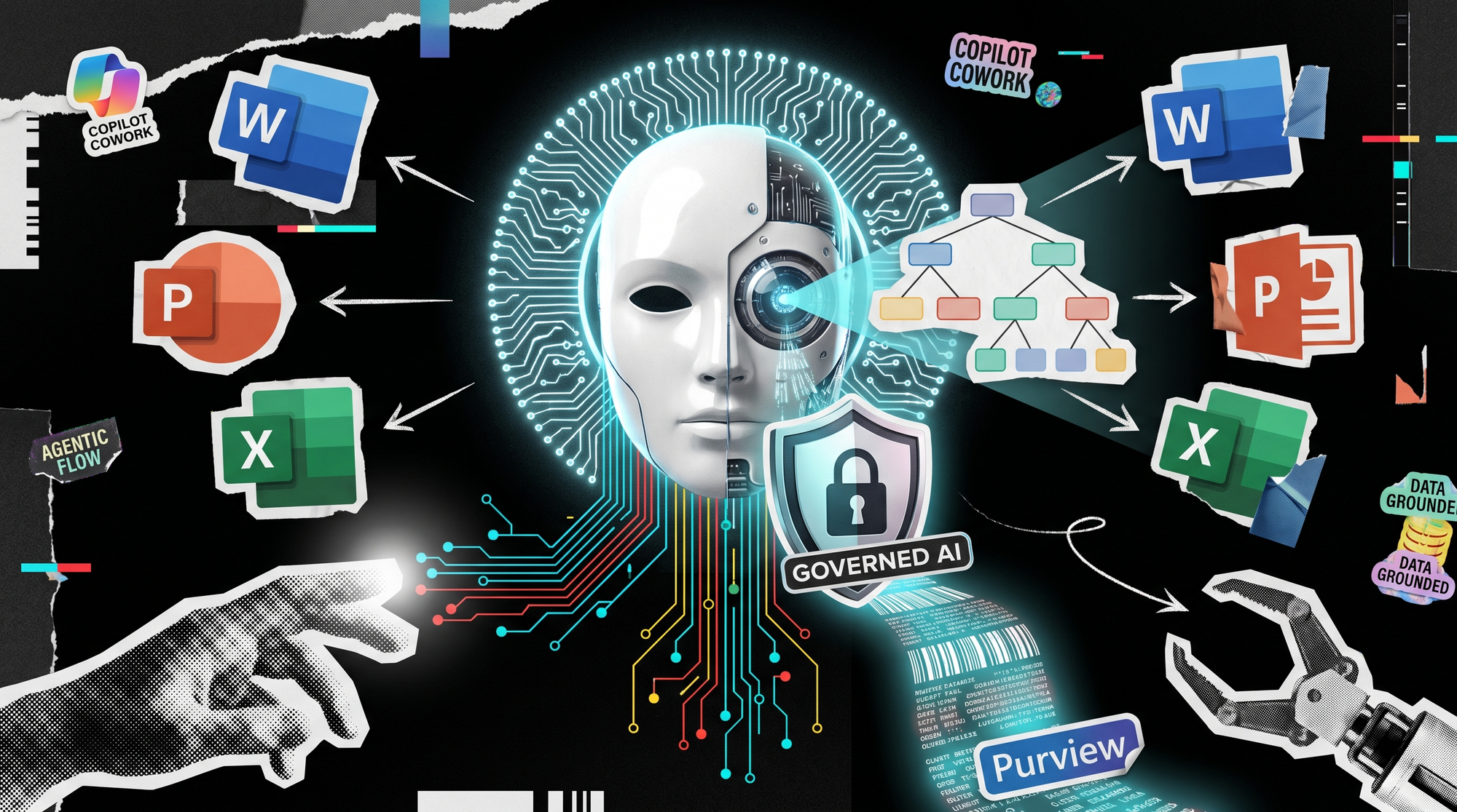 Editorial collage: an AI face wired into Microsoft 365 app icons flowing out as documents and decks, with a Governed AI shield and a Purview label.