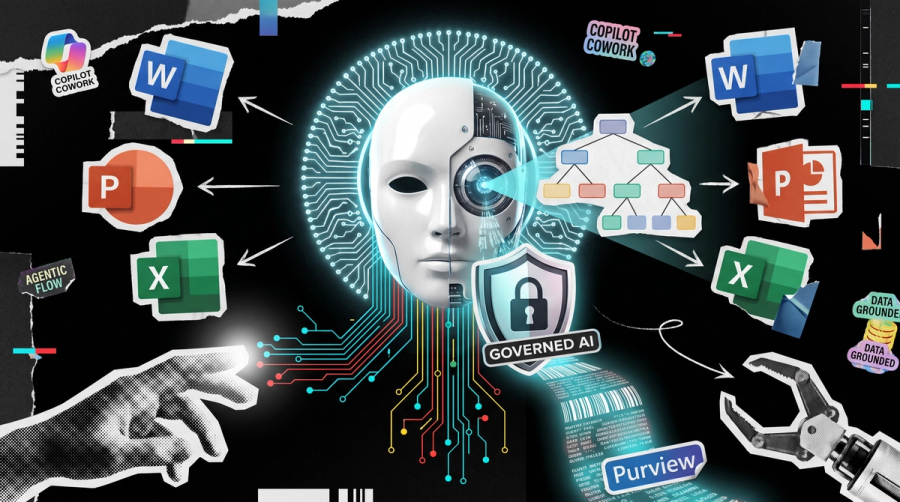 Editorial collage: an AI face wired into Microsoft 365 app icons flowing out as documents and decks, with a Governed AI shield and a Purview label.