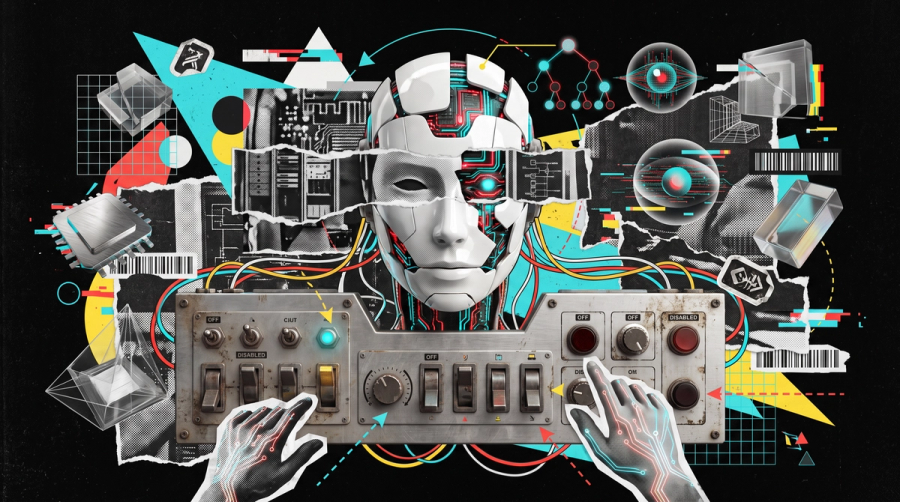 Collage illustration of a bank of switches mostly turned off, wired into a robotic head, representing Microsoft 365 Copilot capability that businesses pay for but never switch on