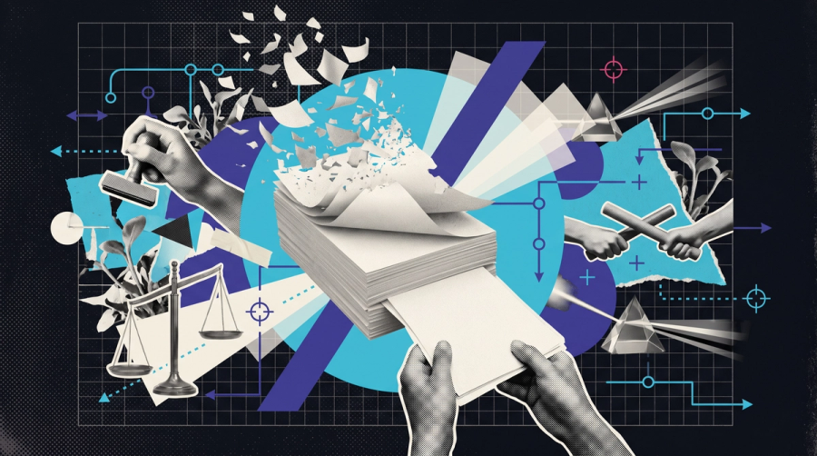 Mixed-media collage of a stack of blank sheets dissolving at the top while a hand feeds fresh sheets in underneath, representing AI guidance being superseded faster than teams can keep up