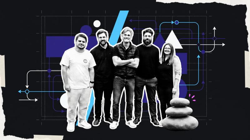 The Inflection Point leadership team as a black and white halftone cut-out, centred on a dark background with a cyan slash and blueprint grid
