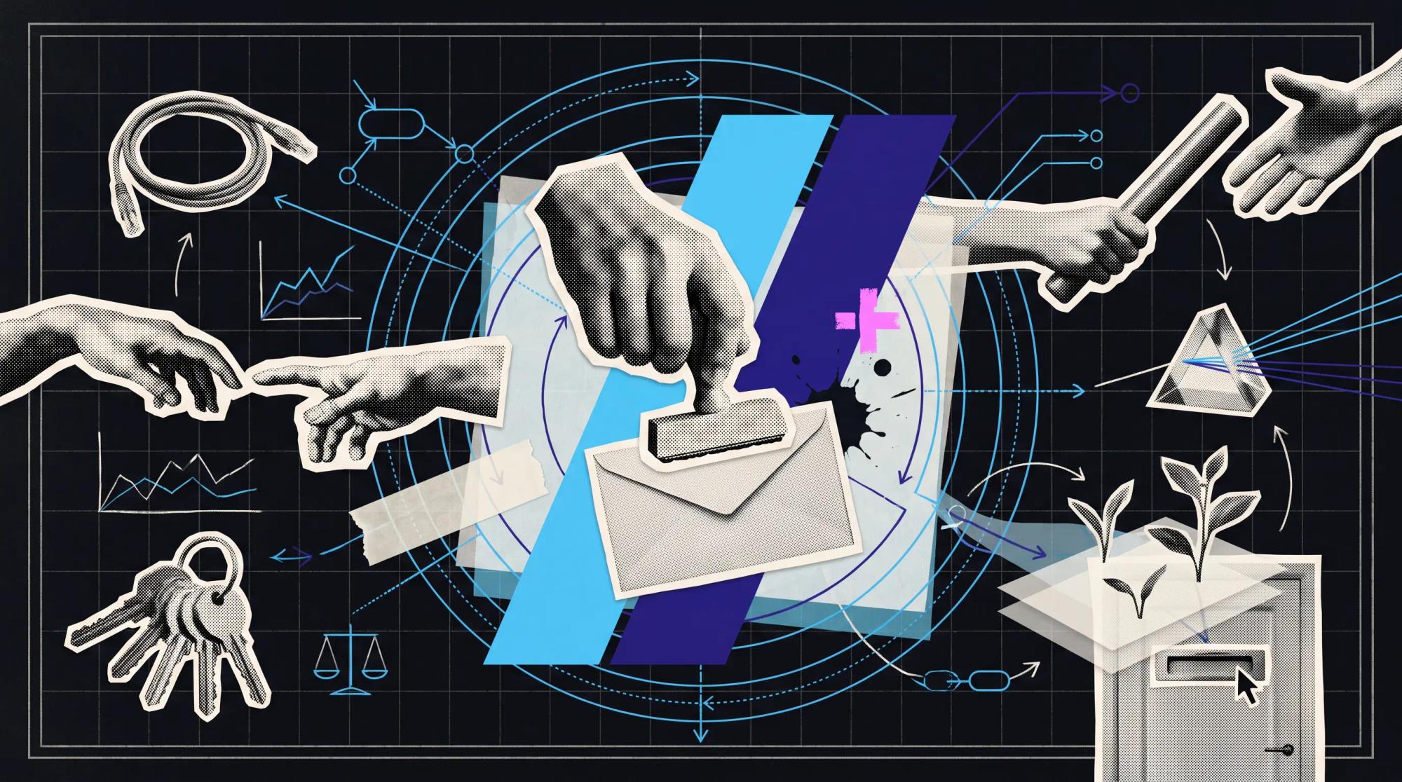 Black and white halftone collage centred on a hand pressing an unlabelled rubber stamp onto a blank sealed envelope, ringed by concentric cyan circles, with hands reaching in from the left, a hand passing a baton on the right, and keys, a coiled cable and a letter slot around the edges, on a near-black ink ground.
