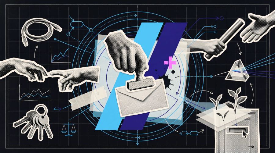 Black and white halftone collage centred on a hand pressing an unlabelled rubber stamp onto a blank sealed envelope, ringed by concentric cyan circles, with hands reaching in from the left, a hand passing a baton on the right, and keys, a coiled cable and a letter slot around the edges, on a near-black ink ground.
