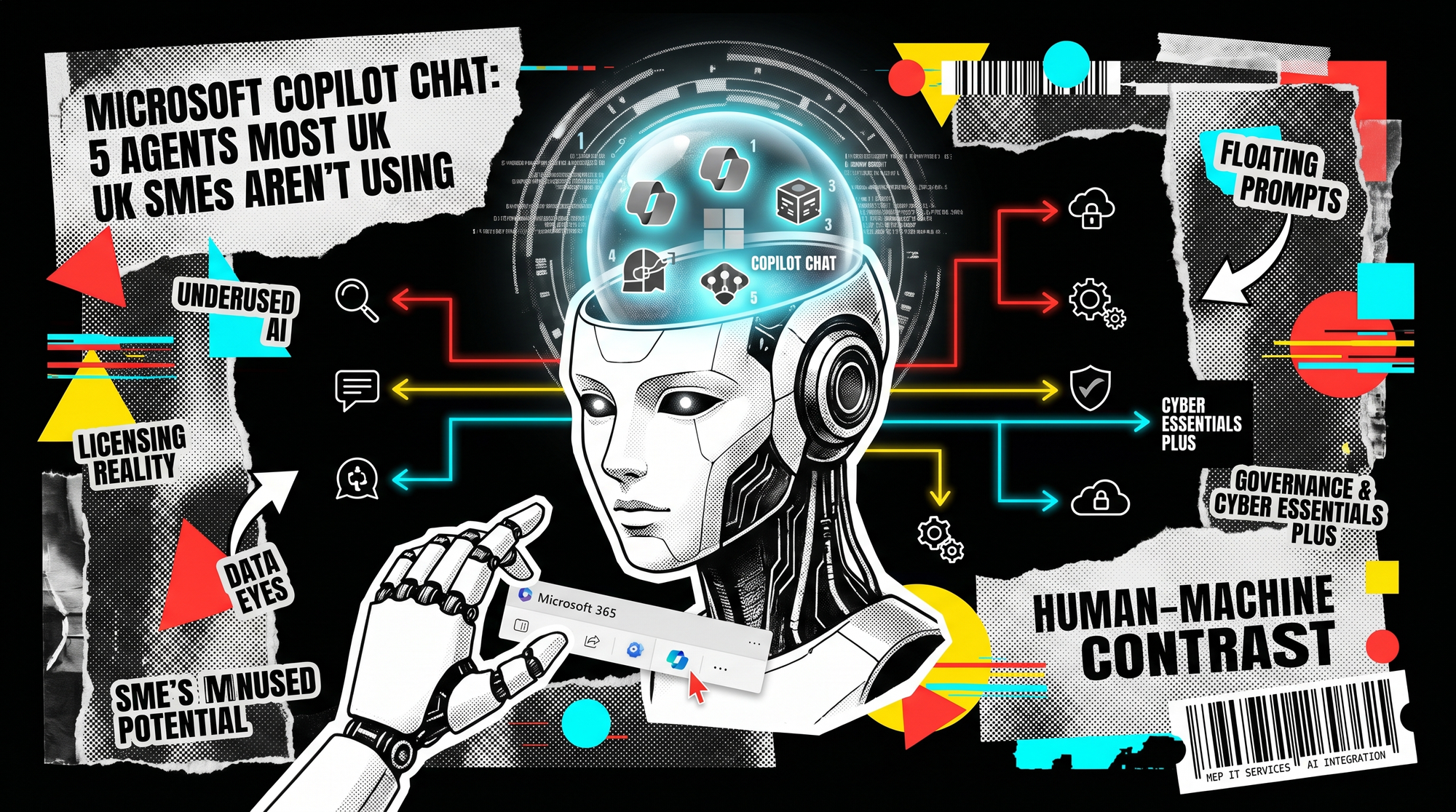 Editorial collage showing AI agent icons inside a Microsoft Copilot Chat panel, with halftone textures and bold red yellow and cyan accents on black