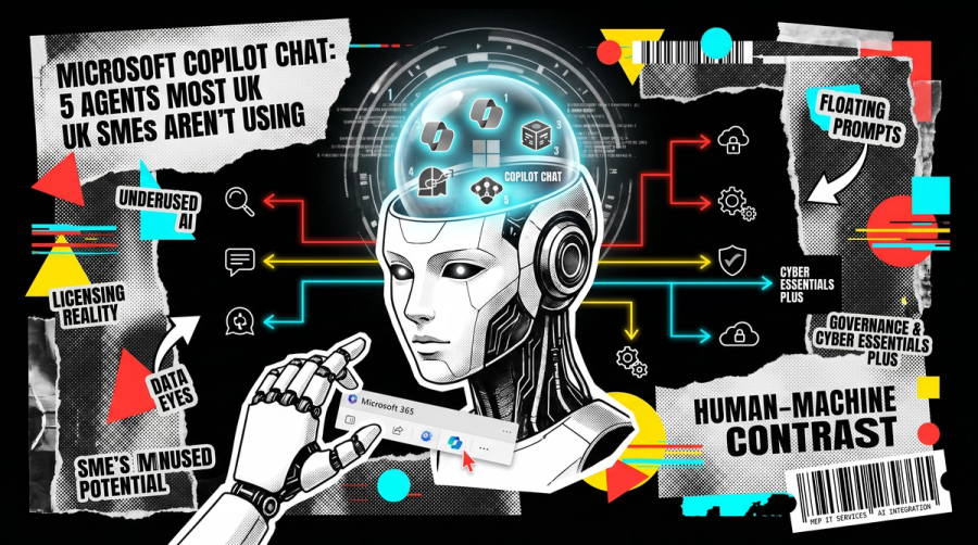 Editorial collage showing AI agent icons inside a Microsoft Copilot Chat panel, with halftone textures and bold red yellow and cyan accents on black