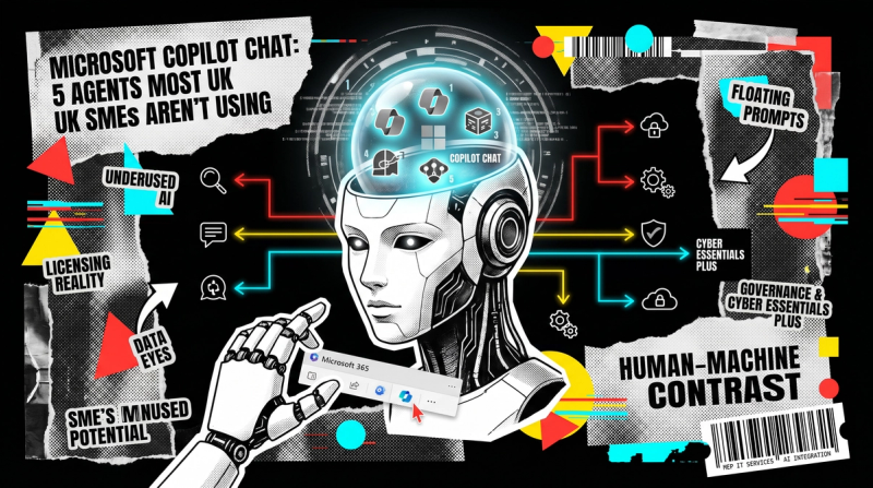 Editorial collage showing AI agent icons inside a Microsoft Copilot Chat panel, with halftone textures and bold red yellow and cyan accents on black
