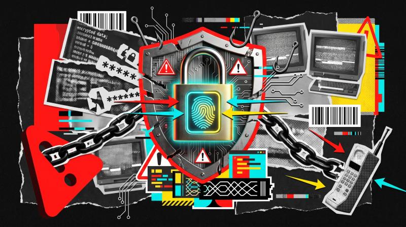 Collage illustration of a fingerprint padlock on a shield beside a snapped chain trailing towards an obsolete mobile handset, representing the retirement of SMS multi-factor authentication in Microsoft 365