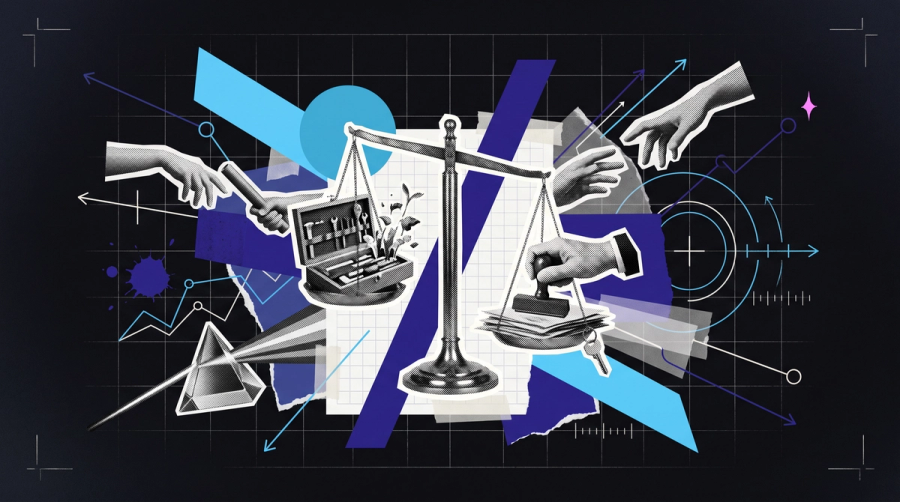 Mixed-media collage of a hand lifting the lid of a box to reveal neatly arranged tools, representing underused Copilot features and the governance they need
