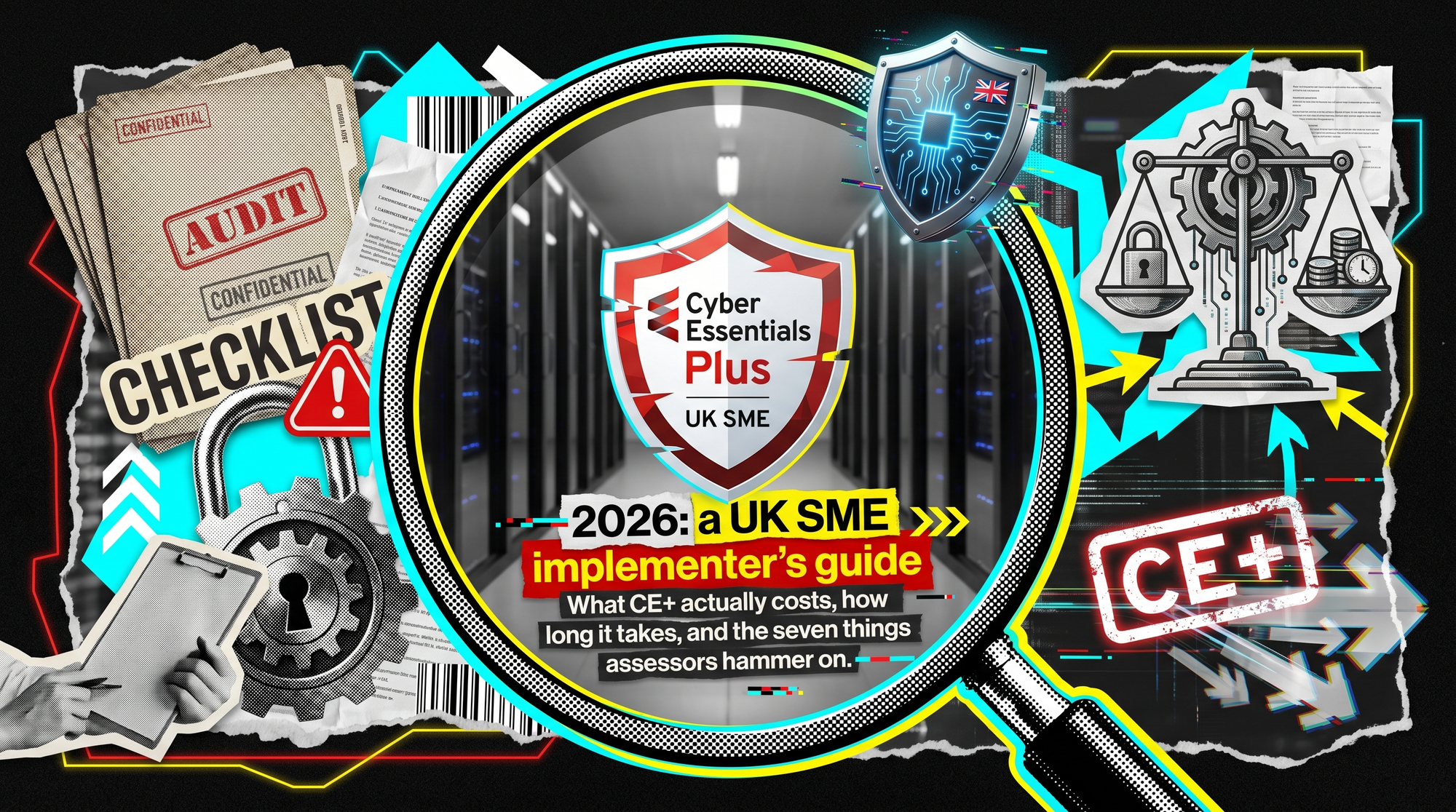 Editorial collage with a magnifying glass examining a Cyber Essentials Plus shield, fragments of UK SME devices and audit checklists, brand red yellow and cyan accents on black