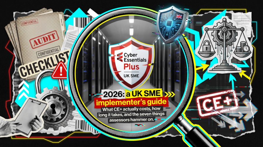 Editorial collage with a magnifying glass examining a Cyber Essentials Plus shield, fragments of UK SME devices and audit checklists, brand red yellow and cyan accents on black