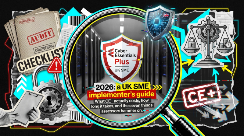 Editorial collage with a magnifying glass examining a Cyber Essentials Plus shield, fragments of UK SME devices and audit checklists, brand red yellow and cyan accents on black